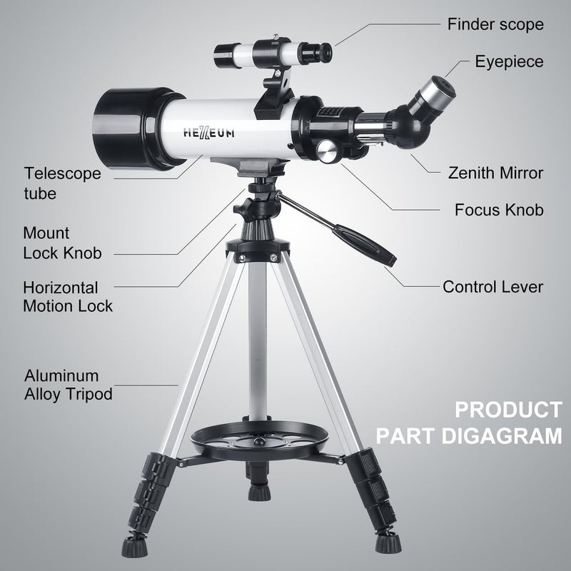 HEXEUM Telescope for Kids & Adults - 70mm Aperture 500mm AZ Mount Fully Multi-Coated Optics Astronomical refracting Portable Telescopes, with Tripod Phone Adapter, Carrying Bag, Remote Control White - Image 4